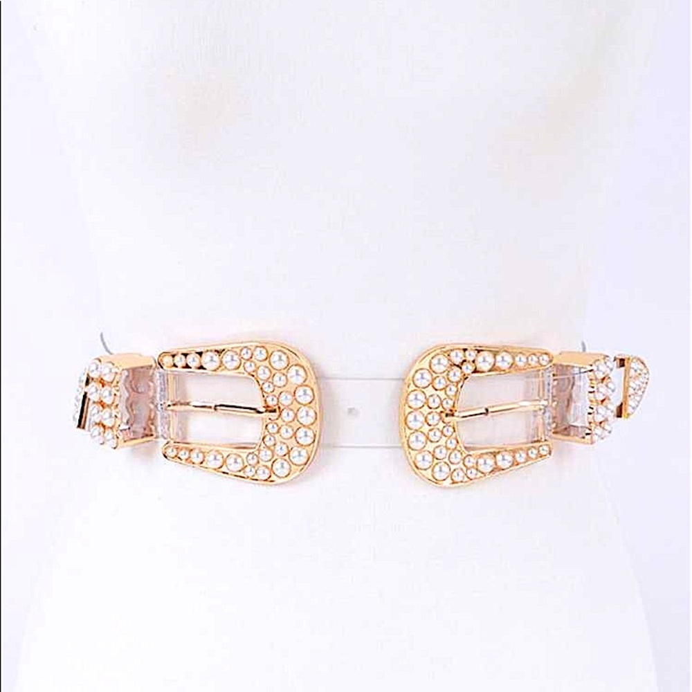 Gold Double Pearl Accent Buckle Clear Statement Belt